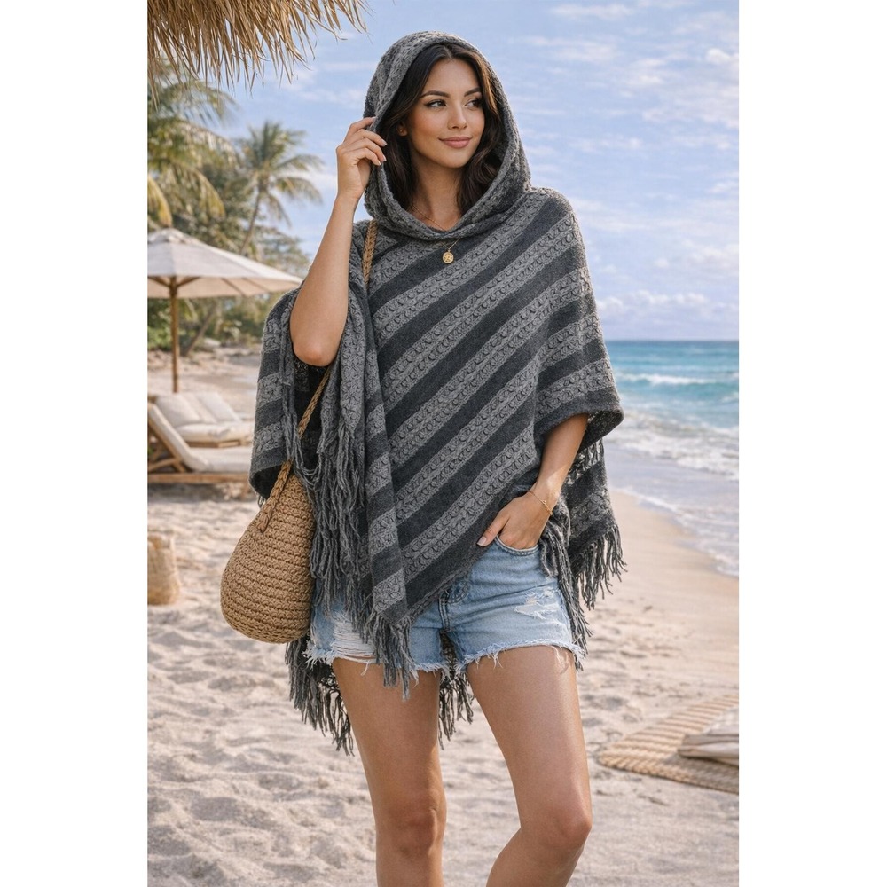 SHEIN Poncho Hooded Cable Knit Striped Grey Size OS Boho Fringe Wrap Sweater